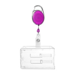 Karteo® Transparent Id Card Holder Wallet For 2 Two Card with a Badge Reel Purple Carabiner Hook Plastic Hard Back Case Cover for ID Cards Service ID Credit Bank Cards Health Card (ID Card Case Card Case Card Case ID Holders Holder Stud Strap Yo-Yo Desig