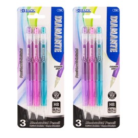 BAZIC Mechanical Pencil 0.5mm Diamante, Soft Grip Latex Free Eraser, Smooth Writing Pencils Lead for Drafting Drawing Sketching (3/Pack), 2-Packs