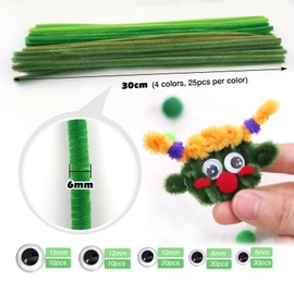 TOAOB 200pcs Pipe Cleaners Crafts Supplies Dark Green Chenille Stems Assorted Size Wiggle Googly Eyes for Craft DIY Art Supplies