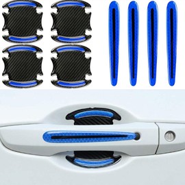 Car Door Handle Protector, 3D Carbon Fiber Universal Door Handle Scratch Resistant Protective Cover, 8 Pieces of Car Door Handle Reflective Stickers, Car Reflective Stickers (Blue)