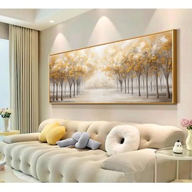Hand Painted Gold Tree Of Life Canvas Wall Art for Living Room,Modern 3D Fall Canvas Oil Paintings for Bedroom,Framed Landscape Wall Picture for Office Wall Decor Ready to Hang 24X56inches