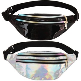 2 Pieces Shiny Holographic Fanny Pack, CKANDAY Metallic Color Sport Waterproof Waist Bag Neon Waistbag with Pouches and Adjustable Belt for Women Men Kids Traveling Running Festival Party, 2 Colors