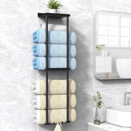 Liuoud Towel Rack for Bathroom, Wall Mounted Vertical Rolled Towel Storage Organizer Holder with Shelf, Holds Up 6 Large Bath Sheets, Black