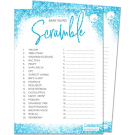 20 x Word Scramble Baby Shower Game - Boys Blue Glitter Effect Design (20 Guest Cards + 1 Card of Answers for The Host + Winner's Certificate)