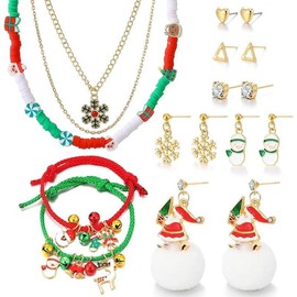 36 PCS Gold Plated Jewelry Set with 4 PCS Necklace, 11 PCS Bracelet, 7 PCS Ear Cuffs Earring, 14 Pcs Knuckle Rings for Women Girls Valentine Anniversary Birthday Friendship Gift - Color: Christmas