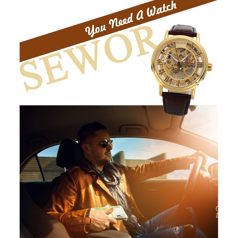 SEWOR Men's Mechanical Hand-Wind Skeleton Transparent Wrist Watch with Vintage
