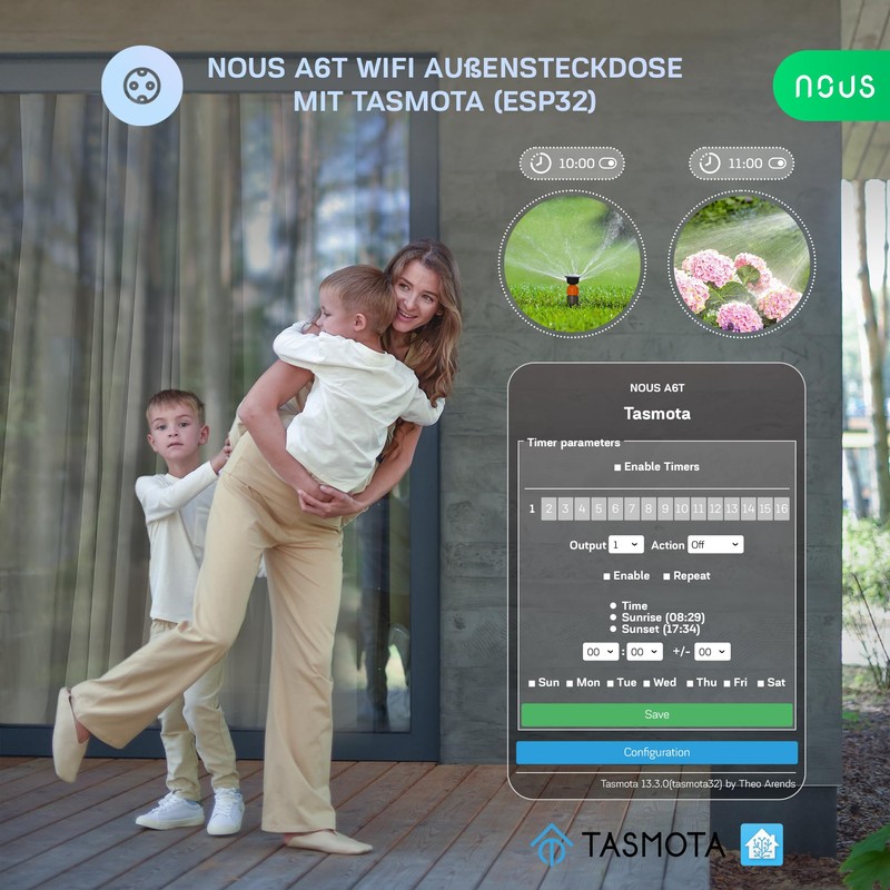 NOUS Tasmota Smart Outdoor Socket ESP32, IP44 Waterproof Socket, 16A