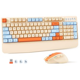 MEETION Colorful Wireless Keyboard and Mouse, Cute Retro Keycap, Bluetooth Ergonomic Rechargeable Keyboard with Detachable Wrist Rest Cover, 4 DPI Swing Mouse, for Windows/Mac/Computer/Laptop/PC Cream