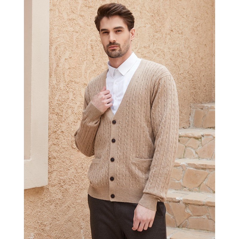 Kallspin Men's Cardigan Sweater Wool Blend V Neck Cable Knit