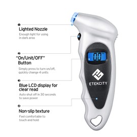 Etekcity Medidor digital de presión de neumáticos de 150 PSI 4 ajustes para coche, camión, bicicleta, bicicleta con pantalla LCD retroiluminada, agarre antideslizante y boquilla iluminada, 2 años de garantía, pilas incluidas, color plateado (1 paquete)