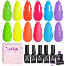 Beetles Esmalte en Gel Neón Verano, Kit de 6 Colores  Tonos Rosa, Naranja, Amarillo, Verde, Azul y Morado para Manicura UV LED                        