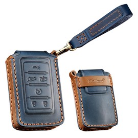TECART Leather Key Fob Holder Keychain Fit for Jeep Wagoneer Grand Wagoneer Key case Cover Keyring Accessories 6 Button Blue