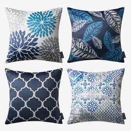 Phantoscope Set of 4 New Living Series Velvet Pillows Leaf Geometric Throw Decorative Velvet Pillow Cover Cushion Cover, Dark Blue 18 x 18 inches 45 x 45 cm