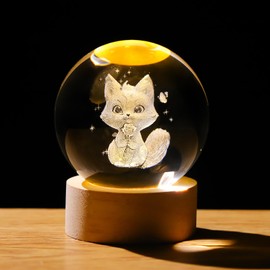 Crystal 3D Fox 2.36in Ball Figurine Gifts for Women Wife, Collectible Glass Animal Art Sphere for Room with Wooden Light Base, Keepsakes for Kitty Lovers Home Decor Paperweight