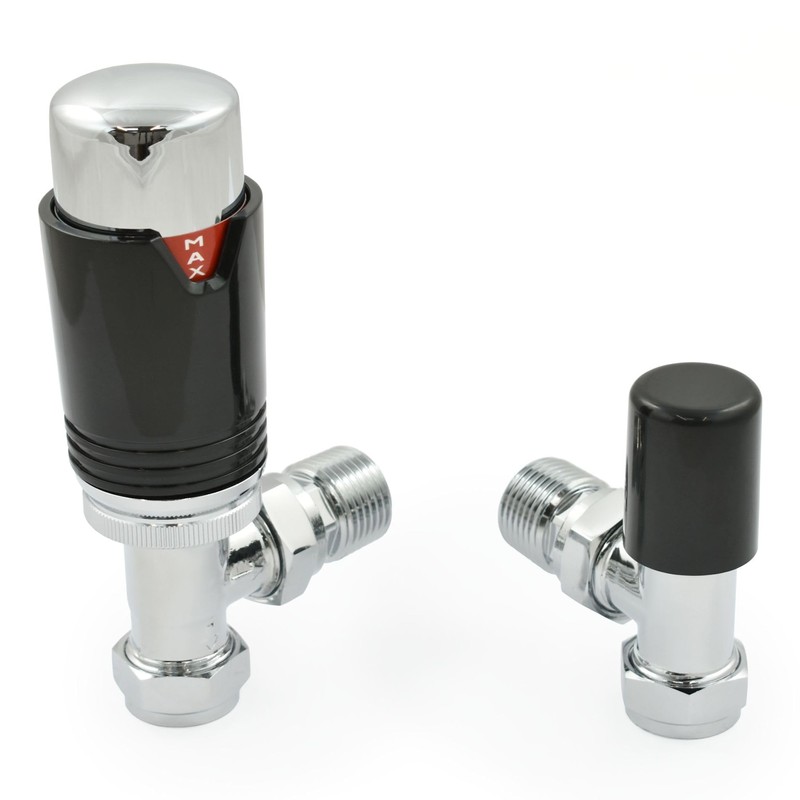 Thermostatic Radiator Valve Chrome & Black Angled TRV – Style
