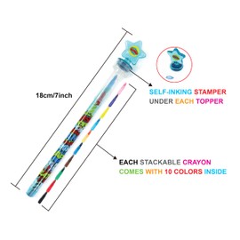 TINYMILLS 24 Pcs Superhero Rainbow Stackable Crayon with Stamper Topper