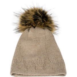 styleBREAKER 04024181 Unisex Warm Plain Knitted Bobble Hat with Prong Pattern, Removable Faux Fur Bobble Winter Hat, taupe