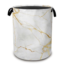 White Marble Laundry Hamper,Collapsible Laundry Baskets,Gold Veins Dirty Clothes Baskets with Handles,Oxford Cloth Hamper for Bedroom,Bathroom,College Dorms, 16"x20"