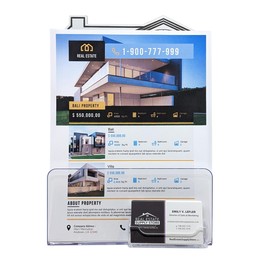 Calendars and More House Shaped, Clear Acrylic Brochure Holder with Business Card Pocket, Large 8.5x11 Letter Size Flyer Literature Desk Stand (Black - Pack of 1)