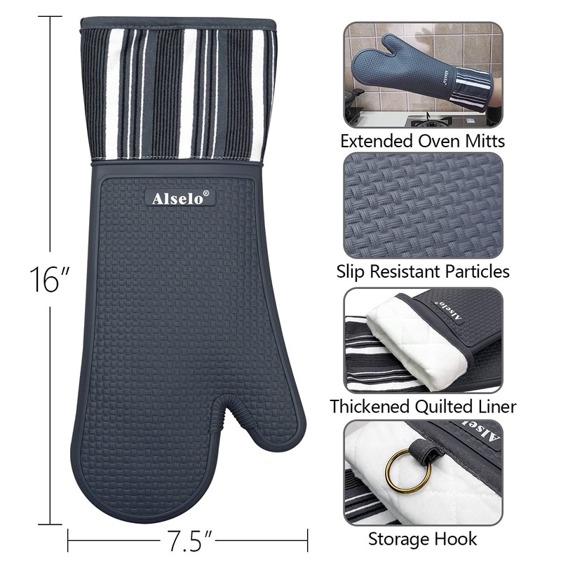Alselo Silicone Oven Mitts Heat Resistant 550 Degree Extra Long