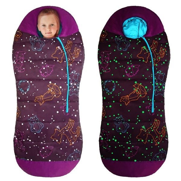 AceCamp Glow in The Dark Mummy Sleeping Bag for Kids and Youth, Temperature Rating 30°F/-1°C, Water-Resistant for Camping, Hiking, and Slumber Party (Purple, Kid's)