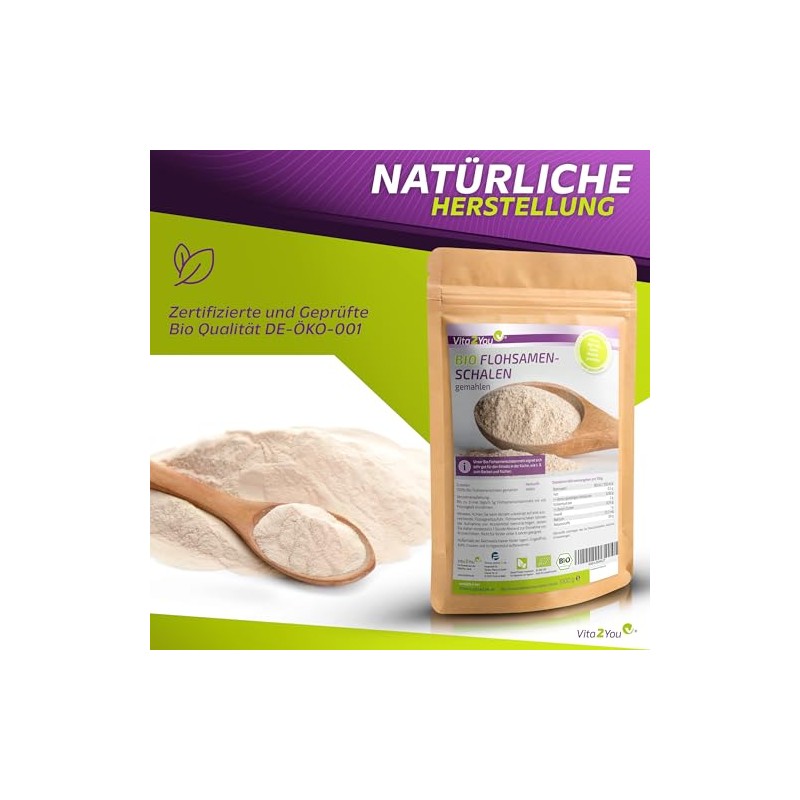Vita2You Organic Psyllium Husks Ground 99% Purity - 1 kg