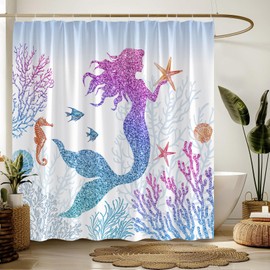 ZNLSU Mermaid Shower Curtain Blue Pink Glitter Mermaid Scales Fish Coral Seahorse Cute Cartoon Girls 70" WX70 H Bathroom Decor Fabric Curtain with Hooks