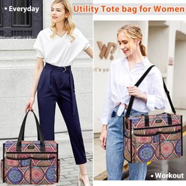 ITIEZY Utility Tote Bag for Women with 18 Pockets - Large Teacher Tote Bag with Zipper Compartment 2 Pcs Everything Bag Nurse Bags for Work, Travel