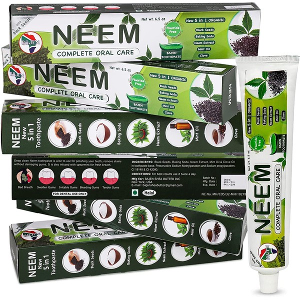 Pack of 6 - Organic Neem 10 in 1 Fluoride Free Toothpaste - Neem, Clove, Black Seed, Cardamon, Aloe Vera, Tea Tree Oil, Miswak, Clove - Herbal Blend - 7.05 oz