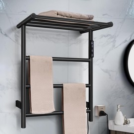 Towel Warmer Wall Mounted with 3 Electric Stainless Steel Heated Bars, Hot Towel Rack for Bathroom, Plug-in BathTowel Heater with Built-in Timer, Matte Black