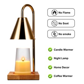 Candle Warmer Lamp with Timer (2H/4H/8H),Metallic Candle Lamp with Wood Base and Adjustable Height, Dimmable Candle Warmer for Scented Candle (Gold)