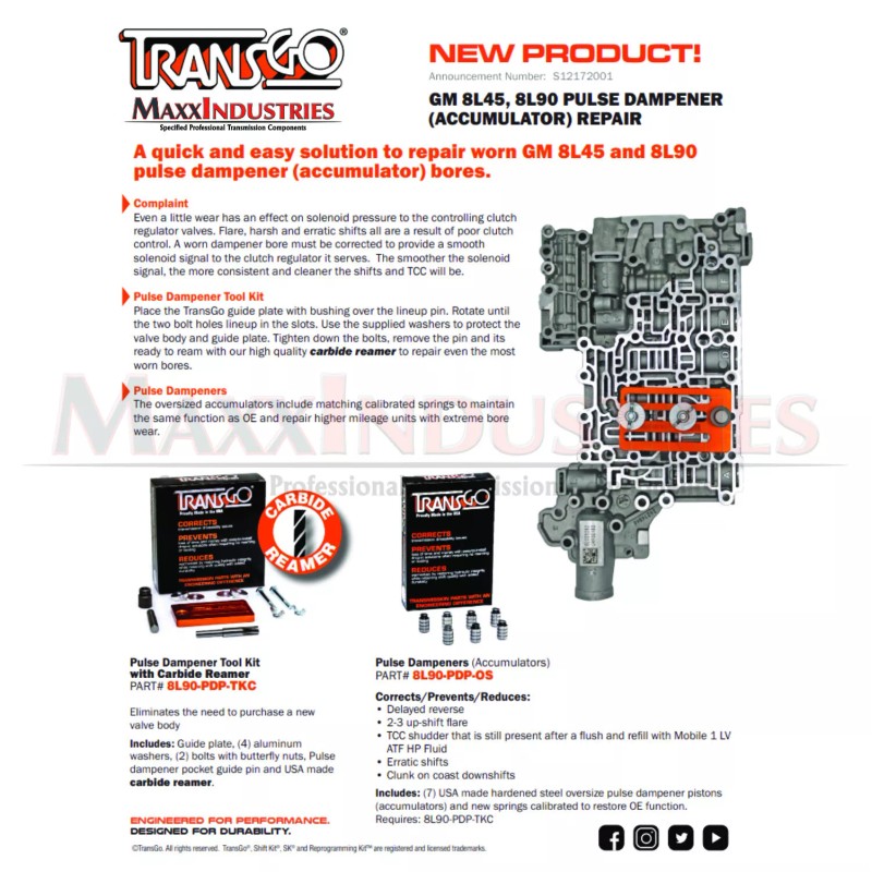 Transgo 8L45 8L90 Valve Body Pulse Dampeners 8L90-PDP-OS Requires 8L90-PDP-TKC