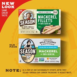 Season Mackerel in Olive Oil - Skinless & Boneless, Wild Caught Fish, Keto Snacks, Canned Mackerel Fillets, Full of Vitamins, Low in Mercury, Kosher, Non-GMO, 20g of Protein - 4.37 Oz, 12-Pack