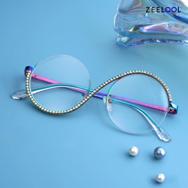 Zeelool Round Glasses Frames for Women Fashion Semi-rimless Diamond Eyeglasses Half Frame Glasses Elphaba Cosplay JGM256492-04