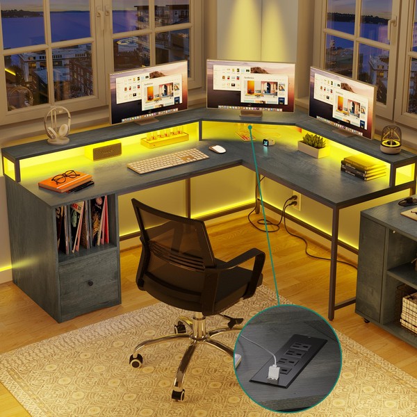 YITAHOME L Shaped Desk with Power Outlets & LED Lights,