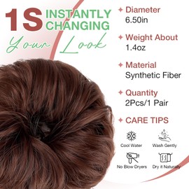FELENDY 2PCS Messy Bun Hair Piece Large Wavy Curly Elastic Hair Bun Scrunchies Fluffy Thick Donut Chignon Hairpieces Updo Extensions Dark Auburn