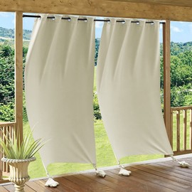 RYB HOME Outdoor Curtain Windproof with Weighted Bags, Blackout Indoor Outdoor Curtains Waterproof Thermal Insulated for Backyard Patio, Screen Porch, Grill Gazebo, W 52" x L 96", 2 Pcs, Natural
