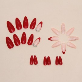 Reusable Stick On Nails - Short Long French Tips, Acrylic False Nails with Glue, 24PCS (Red Diamond)