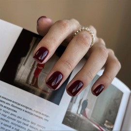 Burgundy Red Press on Nails Short Square, Natural Short Gel Nails Glue on Fall Colors 2024 Trendy Acrylic Nails Press ons Featured Protective Coat Reusable Fake Nails Short Coffin Nails 24Pcs