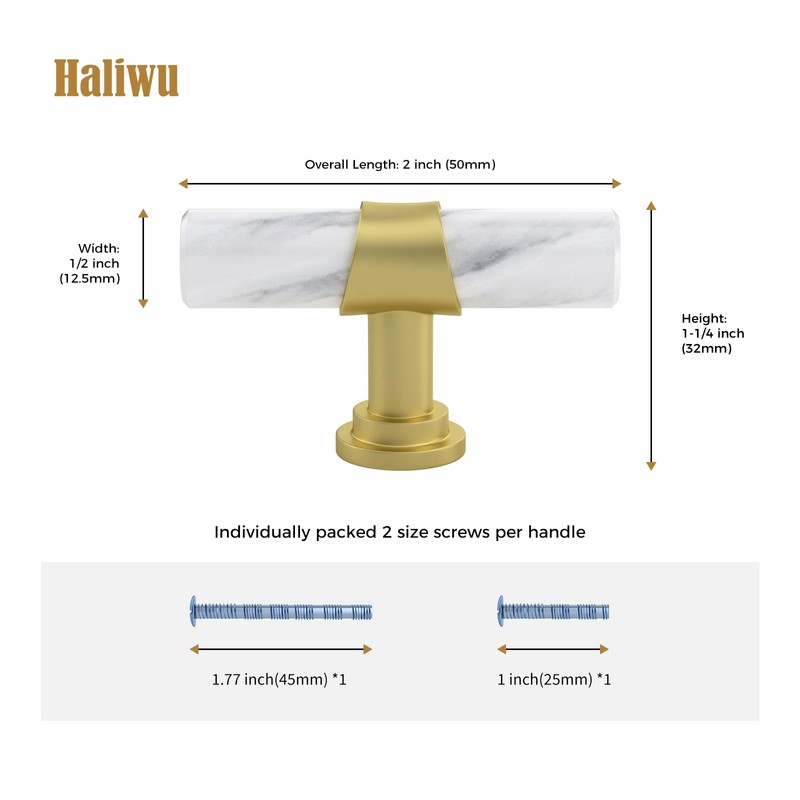 Haliwu 10 Pack White Marble Cabinet Knobs, 2 Tone T-bar