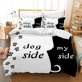 Gegeryozer Dog Side and My Side Bed Linen Set, 135 x 200 cm, Romantic Theme Black and White Bedding Set, 1 Microfibre Black and White Duvet Cover and 2 Pillowcases 50 x 75 cm