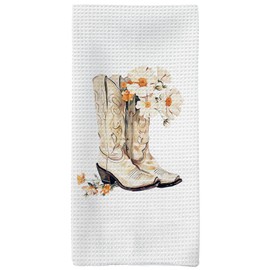 Tzhim Wild Western Preppy Kitchen Towels, Preppy Floral Hand Towels, Trendy Western Cowgirl Boots Dish Towels, Retro Blossom Flowers Kitchen Bath Decor, 16x24in