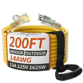 PlugSaf 14/3 Gauge Yellow Outdoor Extension Cord 200 ft Waterproof with Lighted Indicator, Cold Weatherproof -40°C, Flexible 3 Prong Extension Cord Outside,13A 1625W 14AWG SJTW, ETL Listed