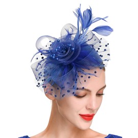 WATEFOER Fascinators Hat for Women Girls Tea Party Headband Flower Cocktail Mesh Feathers Kentucky Derby Hat for Wedding Party Church, blue