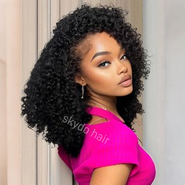 SKYDO Kinky Curly Half Wig Human Hair 250 Density 16inch Wear and Go Glueless Wigs Human Hair 3 in 1 Half Wigs for Women Drawstring Seamless Flip Headband Wig Beginner Friendly