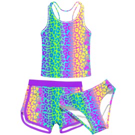 uideazone 14-15 Years Girls Swimsuits 3D Printed Leopard 3 Piece Bathing Suits with Shorts Racerback Swimwear Tankini Set for Surfing Size 14 15