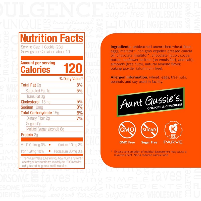 Aunt Gussie's - Sugar Free Wheat Chocolate Chip Almond Biscuits