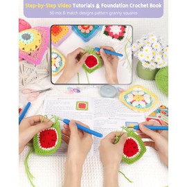 Katech Crochet Kit for Beginners, 50 Granny Squares Crochet Kits for Adults Beginner Learn to Crochets w/Step-by-Step Video Tuturials, Knitting Kit w/1378yds Yarn Granny Square Card Deck- 80% Cotton