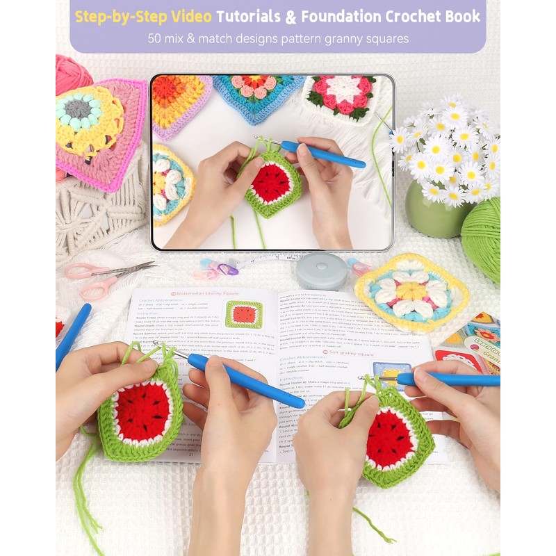 Katech Crochet Kit for Beginners, 50 Granny Squares Crochet Kits