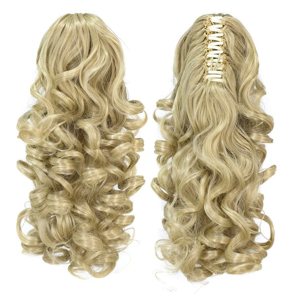 SWACC 12-Inch Short Screw Curls Claw Clip Ponytail Extensions Synthetic Clip in Drawstring Curly Ponytail Hairpiece Jaw Clip Hair Extension (Dark Honey Blonde/Bleach Blonde Mixed- 16/613)